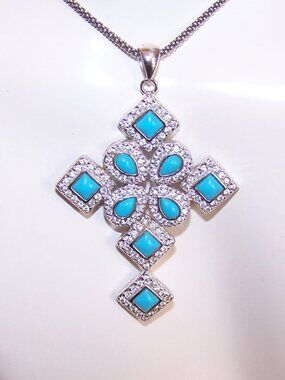 Sterling Silver Turquoise Cubic Zirconia Cross Pendant